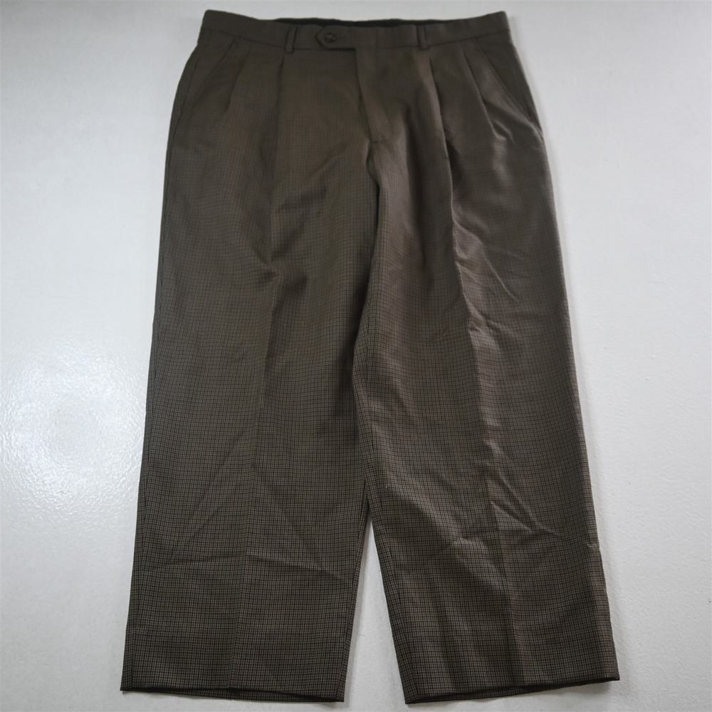 Bespoke‎ 36x28 Brown Houndstooth 100% Wool Pleated Classic Dress Mens Pants